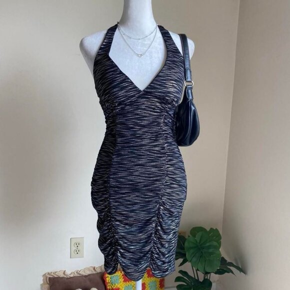 Vintage Y2K black & silver fitted bodycon halter dress size S - Picture 1 of 7